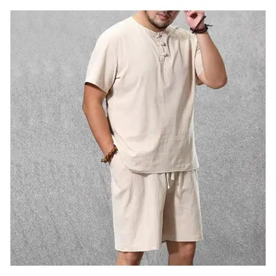 (beige, XL) Men&apos;s Clothing Large Size Tracksuit Linen Short T-shirt Summer Suit Plus Size C