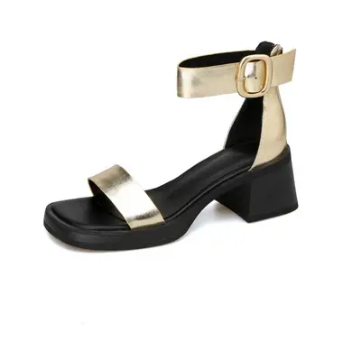 (gold, 39) Taoffen Brand Genuine Cow Leather Sandals Block Mid Heels Women Roma Sandals Open Toe