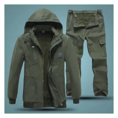 (army green, M) Soft Shell Jacket And Pants Men Winter Plus Velvet Thick Warm Jackets Outdoor Hi