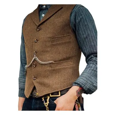 (khaki, S) Men&apos;s Suit Vest Brown Herringbone Wedding Waistcoat Steampunk Style