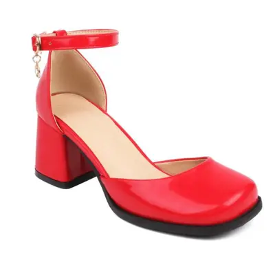 (red, 34) Women Patent Leather Ankle Strap Two-piece Pumps Square Toe Chunky High Heels Buckle L