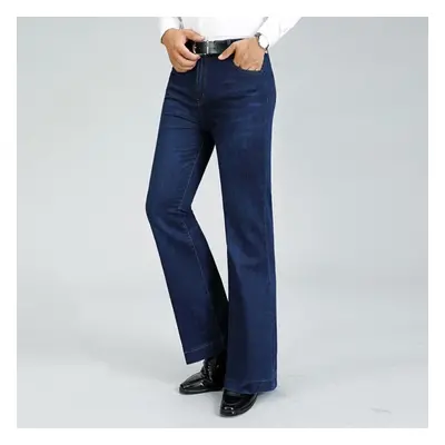 (dark blue, 31) Men&apos;s Stretch Loose Wide-leg Jeans Flared Denim Trousers Mid Waist Denim Fl