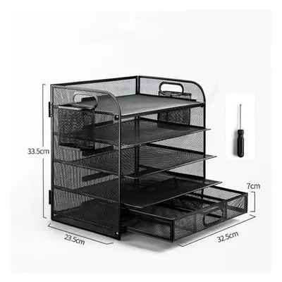 (black) 5-tier Mesh Metal Desk Organizers With Drawer And Pen Holders For A4 File,letters, Mail