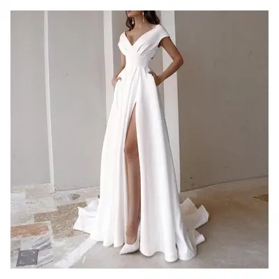 (white, L) Women&apos;s Sexy V-neck Party Evening Dress Wedding Dress