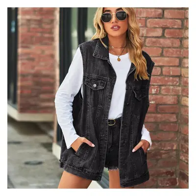 (black, L) Women&apos;s Fashion Vintage Denim Waistcoat Loose Casual Button-down Coat