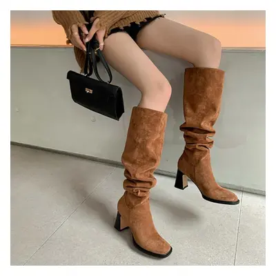 (brown, 39) Krazing Pot Flock Autumn Winter Shoes Pleated Decoration Women Knee Boots