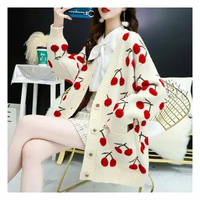 (beige, S) Women Fruit Printting Knitted Sweater Cardigans Single Breasted Long Sleeve Loose Swe