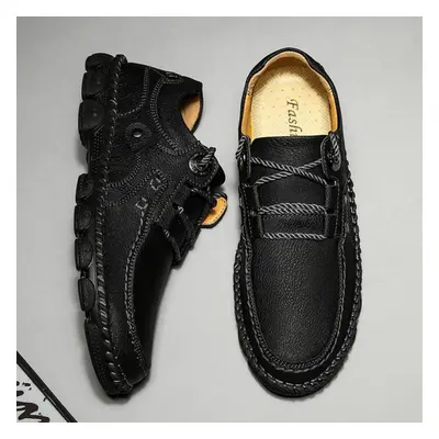 (black, 44) Men&apos;s Moccasins Handmade Rubber Soft Sole Non-slip Casual Leather Shoes