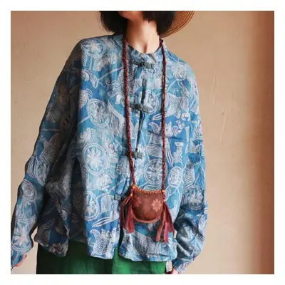 (blue, One Size) Johnature Women Vintage Print Green Shirts Tops Spring Stand Long Sleeve Button