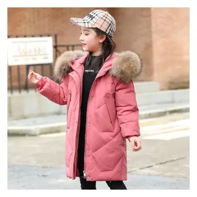 (pink, 120) Girl Down Cotton Jacket Mid-length Girl Winter Thickened New Cotton-padded Coat For 