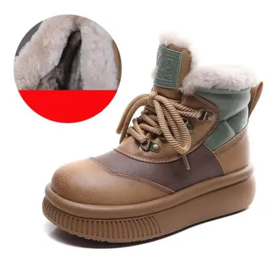 (yellow, 36) Johnature Genuine Leather Casual Snow Boots Women Warm Plush Short Boots Thick Sole