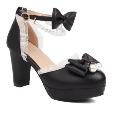 (black, 38) Ankle Strap Two-piece Lolita Pump Round Toe Platform Kawaii Thick High Heel Bow Buck