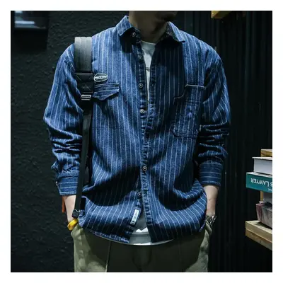 (black, XXXL) Spring And Autumn Denim Striped Long-sleeved Shirt Men Loose Tide Ins Large Size C