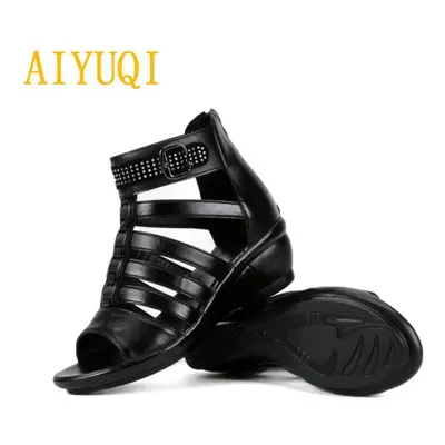 (black, 38) Aiyuqi Women Sandals Summer Women Genuine Leather Sandals Rhinestones Roman Sandals 