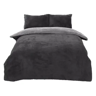 (Superking, Charcoal Silver Grey) Reversible Teddy Fleece Duvet Cover with Pillow Case Supersoft