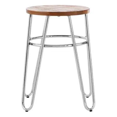 Chrome Metal and Elm Wood Round Stool, Small Hairpin Stool, Sturdy Stool for Lounge, Bedroom, Ba