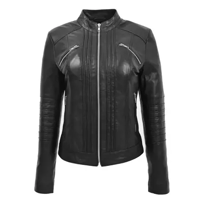 (Black, 12) Womens Genuine Leather Biker Style Zip Up Fitted Jacket Poppy Black