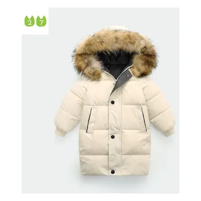 (beige, 110cm) Big Fur Collar Children&apos;s Down Jacket Boy&apos;s Cotton Coat Mid-length Girl