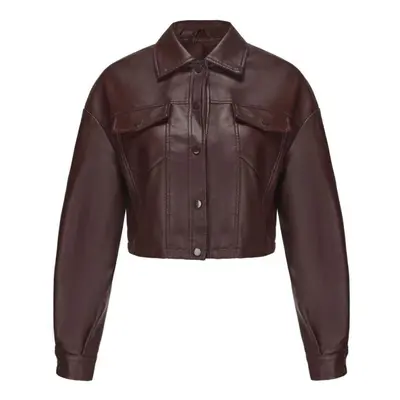 (brown, L) Women's Jackets Faux Leather Long Sleeves Single Breasted Crop Top Punk Jacket Short 