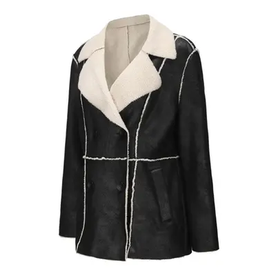 (black, M) Women's Suede Coats Mid Length Faux Leather Blazers Plush Fleece Lined Lapel Double B