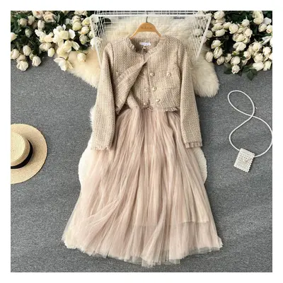 (beige, S) New Spring Autumn Spaghetti Strap Woolen Patchwork Mesh Tulles Midi Dress +short Twee