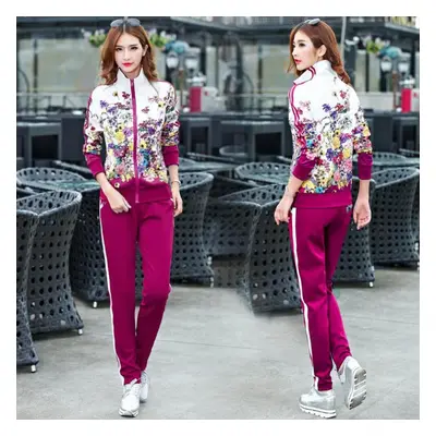 (purple, XXXXXXL) Women Sportswear Casual Jogger Running Workout Set Flower Print Jacket Sweatsh