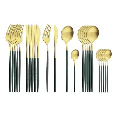 (army green,gold) 24pcs Gold Matte Cutlery Set Stainless Steel Dinnerware Set Silver Knife Fork 