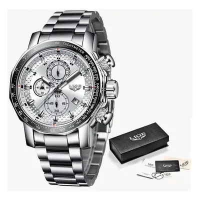 (Silver White) Lige Men Luxury Chronograph Stainless Steel Watch