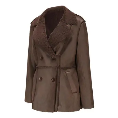 (brown, S) Women's Suede Coats Mid Length Faux Leather Blazers Plush Fleece Lined Lapel Double B