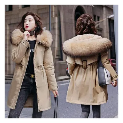 (khaki, L) Women Fall Winter Jacket Coat Parka Thicken Cotton Liner Medium Long Hooded Fur Colla