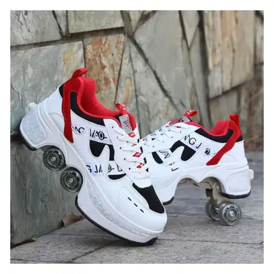 (white,black, 37) Wheels Sneakers With On Double Wheels Boy Girl Roller Sneakers Roller Shoes De