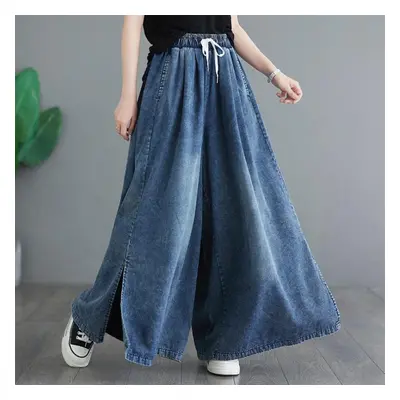 (blue, L) Dimanaf Summer Plus Size Women Jeans Long Pants Basic Trousers Loose Wide Leg Pants Ca