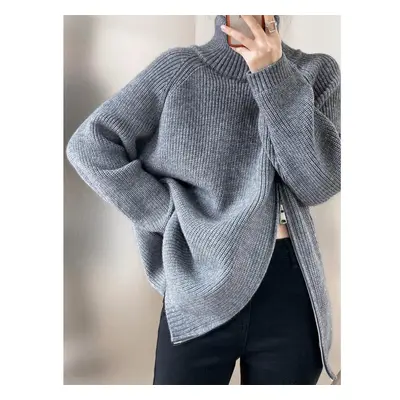 (gray, One Size) Women&apos;s Turtleneck Zipper Design Oversized Sweater Gray White Black High N