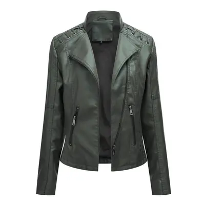 (army green, XXL) Women Fashion Lace-up Leather Jacket Slim Fit Spring Autumn Motorcycle Jacket 