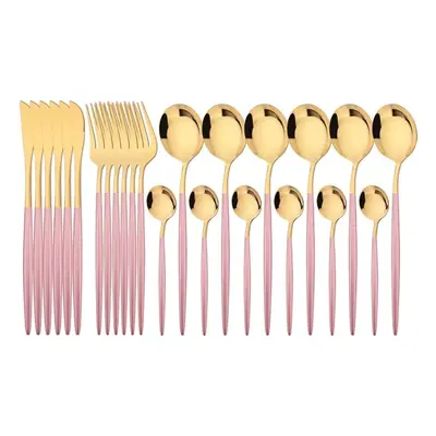 (pink,gold) 24pcs Mint Gold Dinnerware Set Knife Fork Coffee Spoon Cutlery Western Stainless Ste