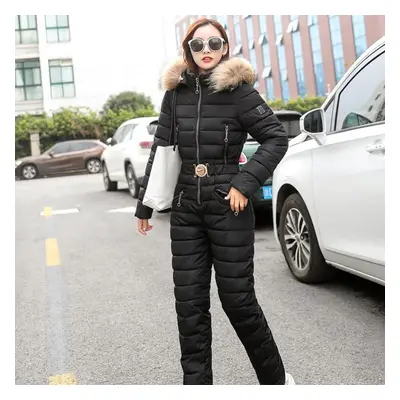 (black, XXL) Winter Conjoined Ski Suit Conjoined Cotton-padded Jacket Suit Down Cotton-padded Ja