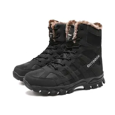 (black, 46) Tuinanle Men Winter Snow Boots Warm Men Hiking Boots High Quality Leather High Top B