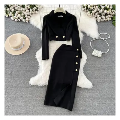 (black, L) Women New Fashion Spring Autumn Elegant Short Blazer Jacket Coat + Long Midi Split Pe