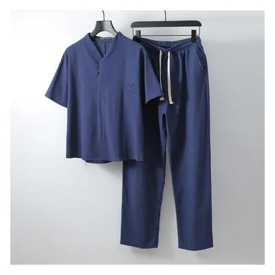 (navy blue, XXXL) Men&apos;s Clothing Large Size Tracksuit Husband Summer Suit Linen T-shirt Fas