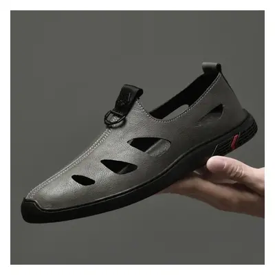 (grey, 44) Leather Sandals Men Beach Shoes Casual Holiday Shoes Thick-soled Comfortable Breathab