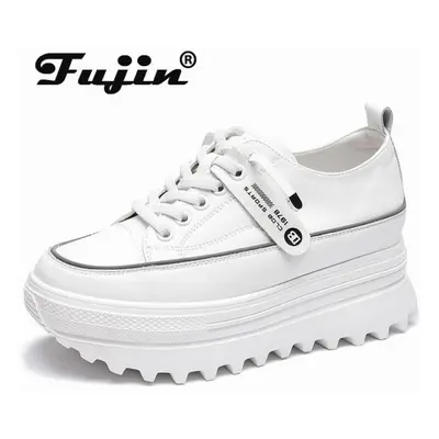 (white, 36) Fujin 5.5cm Genuine Leather Platform Wedge Shoes Chunky Sneaker White Casual Comfort