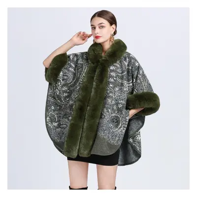 (army green, One Size) Winter Women&apos;s Shawl Cape Fur Collar Jacquard Hooded Large Size Seve