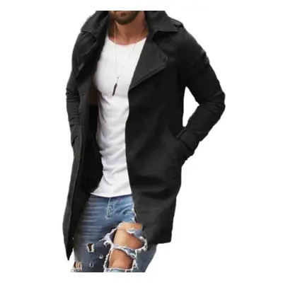 (black, 2XL) Men Autumn Coat Solid Color Slim Fit Mid Length Lapel Plus Size Pockets Long Sleeve