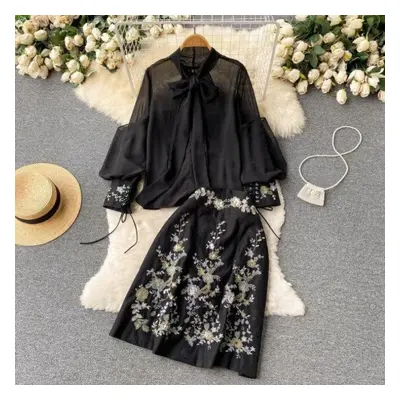 (black, L) Women&apos;s New Fashion Spring Autumn Lace Bow Neck Long Sleeve Gauze Shirt High Wai