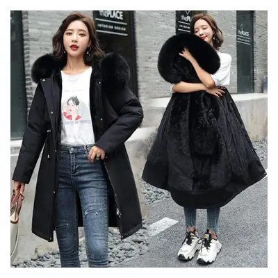 (black, 3XL) Winter Jacket New Women Parka Clothes Long Coat Wool Liner Hooded Jacket Fur Collar