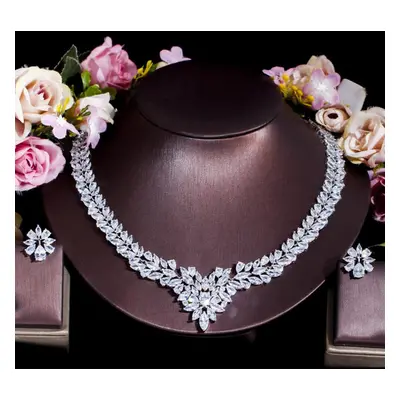 (silver) Cmm Sparkling Cubic Zirconia Big Wedding Necklace Earrings Set For Women Luxury Bridal 