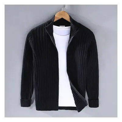 (black, XL) Autumn Winter Men Cardigan Sweater Men&apos;s Stand Collar Zipper Cotton 100% Thicke