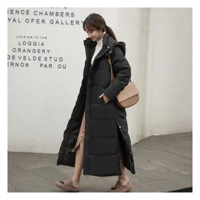 (black, XL) Women X-long Winter Jacket Hooded Side Split Windproof Warm Down Jacket Oversize Cot