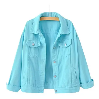 (light blue, 3XL) Spring Color Denim Jacket Women&apos;s Short Korean Loose Long Sleeve Jacket S