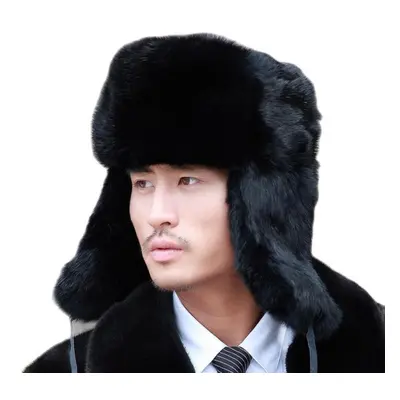 (black, 56-58cm) Thick Warm Bomber Hat Men Real Rabbit Fur Earflap Trapper Fluffy Cap Male Plus 